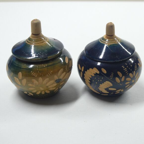 2 Turned Wood Spice Trinket Jars w/Lids Blue Floral Design Handmade Pair - Picture 1 of 11